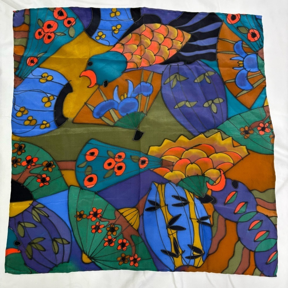SILKSCAPES vintage silk multicolor silk scarf fish floral bamboo abstract USA - Picture 1 of 12